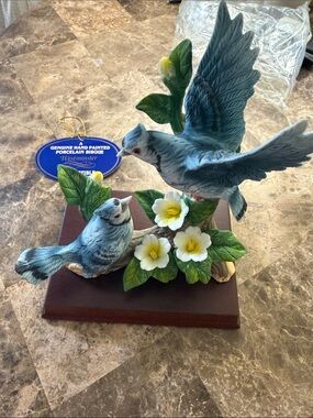 Vintage Westminster Porcelain Blue Jay Couple on Wood Base Mint w/ Box & Tag